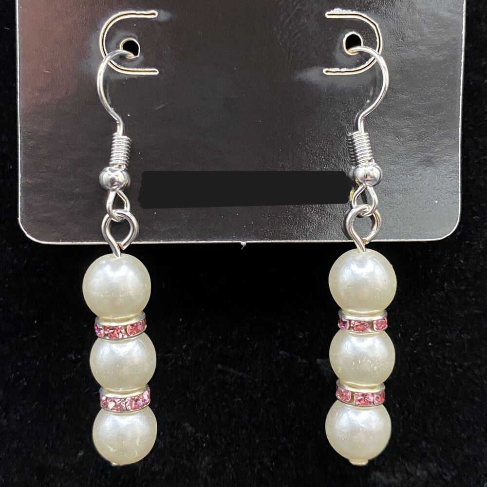 Handmade Faux Pearl Bead & Pink Crystal Rondelle Earrings by Neanie-Bot
